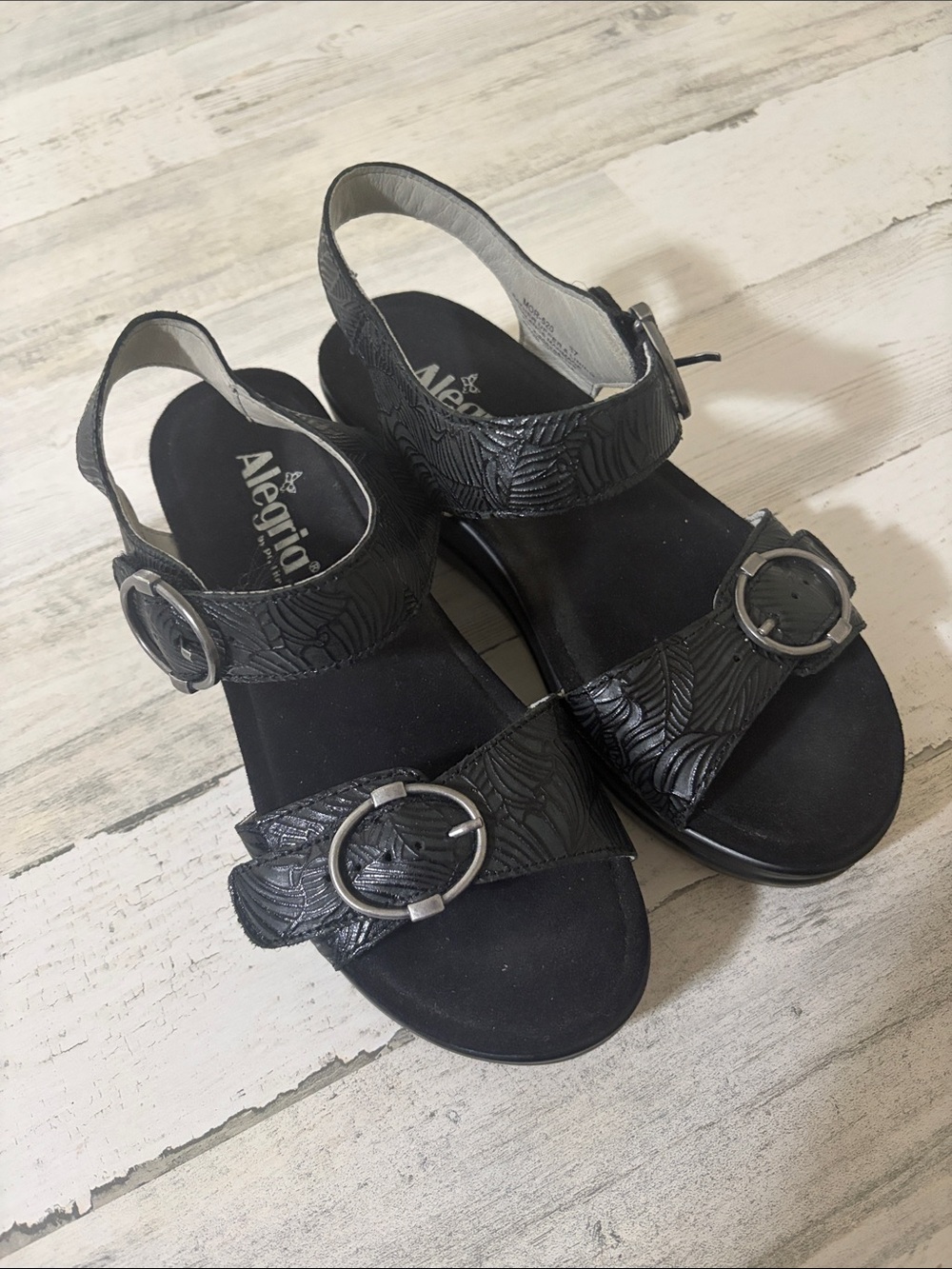 Alegria Black Textured Leather Buckle Sandals for Women